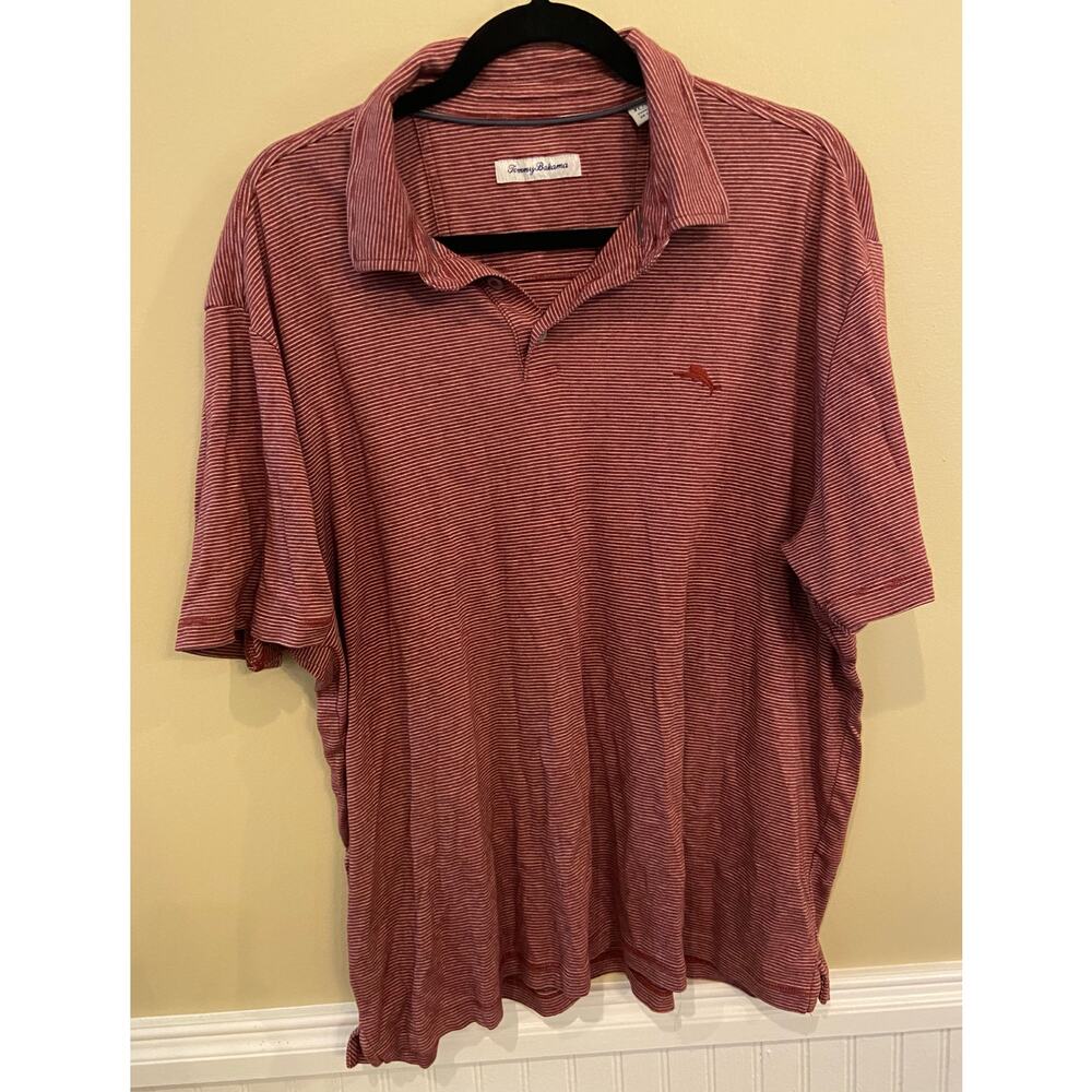 Tommy Bahama XL Polo Shirt Red White Stripe 100% Cotton Short Sleeve Collar